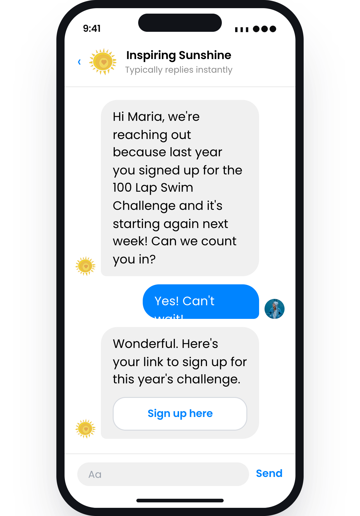 A personal Messenger journey inviting a past challenge participant to sign up for the next challenge.